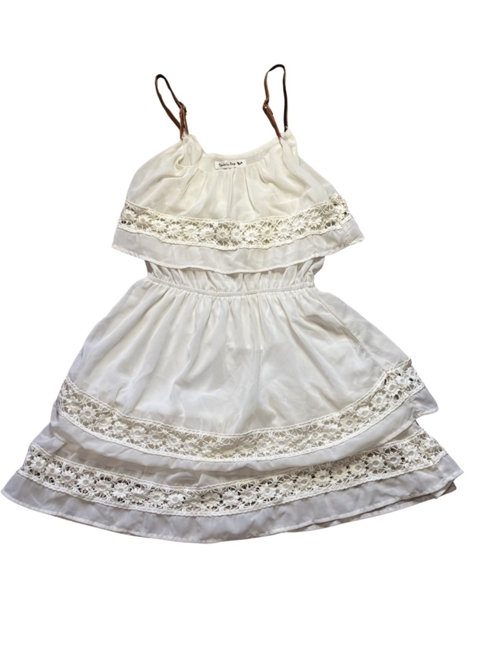 Woman’s White Lace Tiered Sundress with Brown Straps